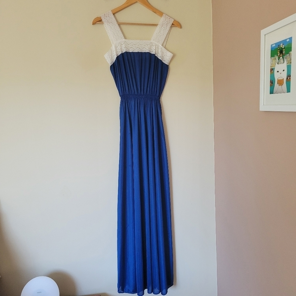 Vintage Nylon Slip Maxi Long Dress Night Gown Royal Blue White Lace Size Medium